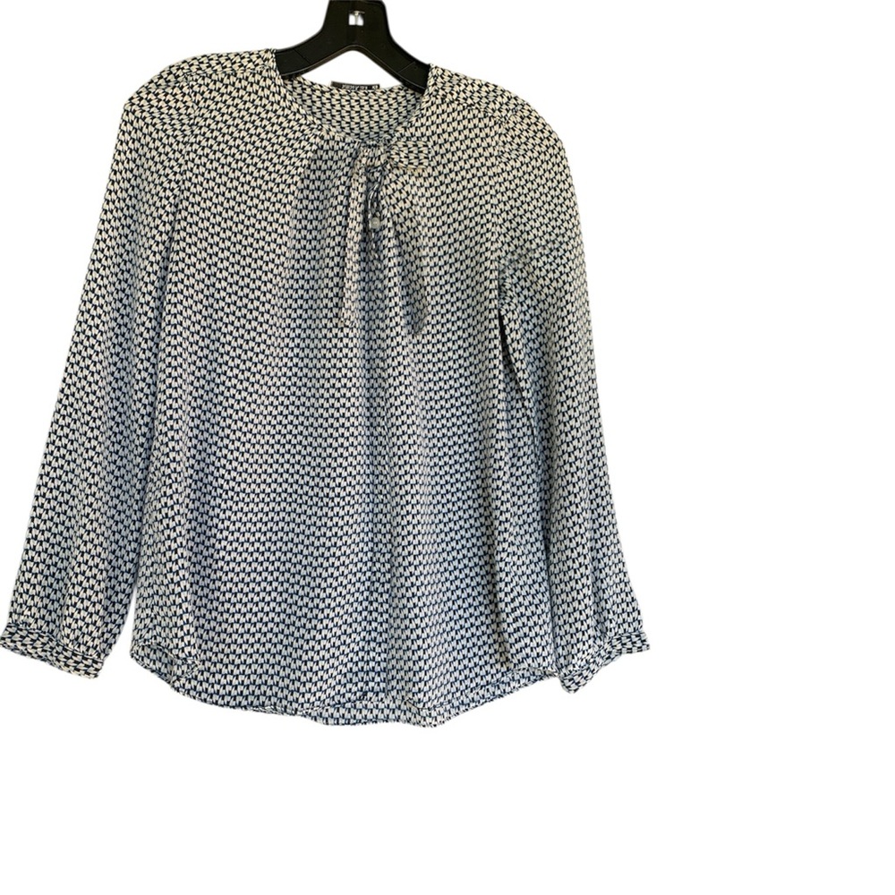 Tie-Neck Printed Long-Sleeve Blouse in Navy and White